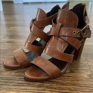 Brown Leather Chunky Heel Sandals